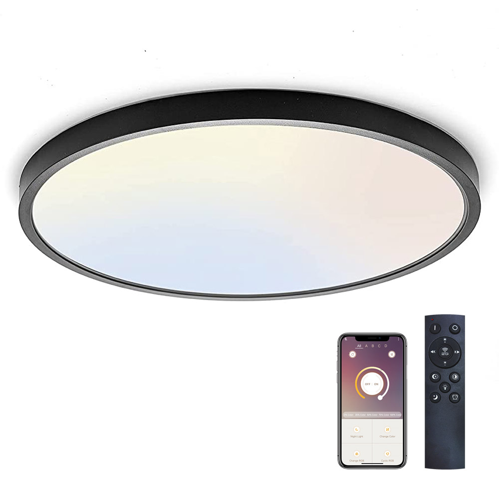 Plafón Led KRAMFOR 48W, superficie, ⦰500mm, CCT, Bluetooth + mando RF, negro, Blanco dual, regulable - XauenBatt Iluminación