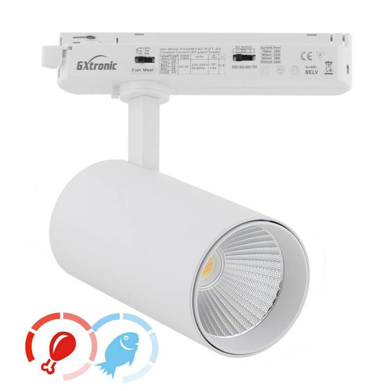 Foco carril Monofásico CRONOLUX, 40W-28W, blanco, 38º, UGR13, DUAL Carnes y Pescados, Magenta-Azul - XauenBatt Iluminación