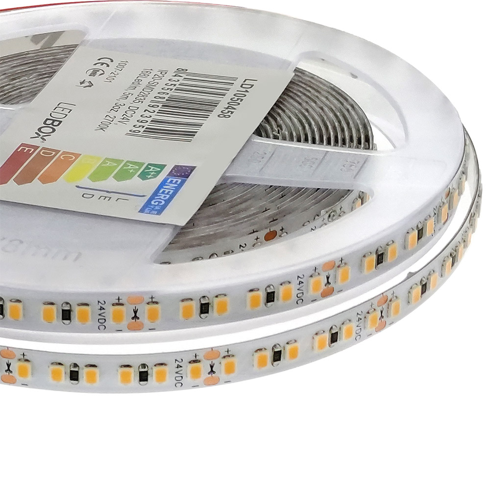 Tira LED Monocolor SMD2835, ChipLed Samsung, DC24V, 5m (168Led/m), 100W, CRI 90 - IP20, Blanco frío - XauenBatt Iluminación
