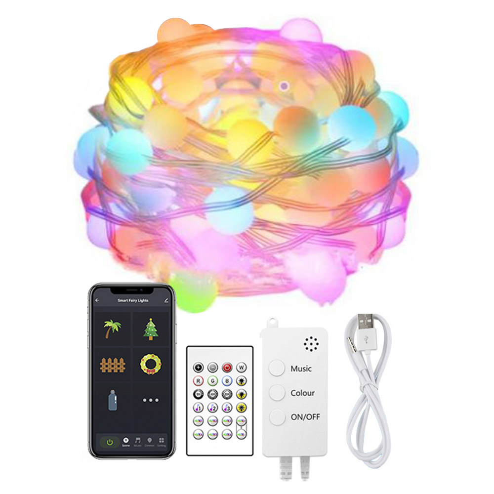 Kit guirnalda DC5V, 66 led-globo, 10m, RGB, WiFi + Bluetooth, RGB - XauenBatt Iluminación
