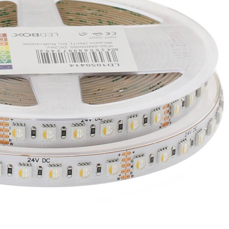 Tira LED SMD5050, RGB+W, DC24V, 5m (96Led/m 4 en 1), 115W, IP20, 3oZ, RGB + Blanco frío - XauenBatt Iluminación