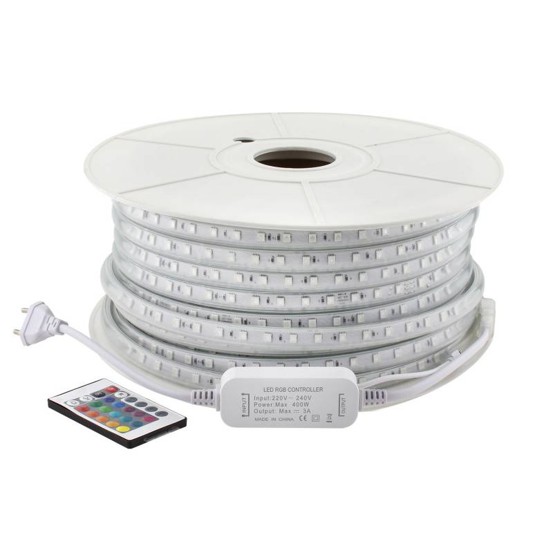 Tira LED 220V SMD5050 60Led/m, 8W/m, RGB, carrete 50 metros + controlador + mando, RGB - XauenBatt Iluminación