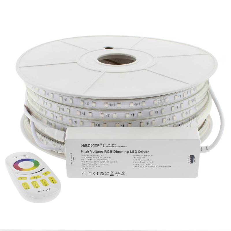 Tira LED 220V SMD5050, 60Led/m, 8W/m, RGB, carrete 50 metros + controlador MiBoxer + mando, RGB - XauenBatt Iluminación