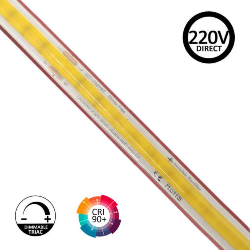 Tira LED 220V COB, 560Led/m, 16W/m, 10cm corte, 1 metro. Regulable Triac. Silicona, Blanco neutro, regulable - XauenBatt Iluminación