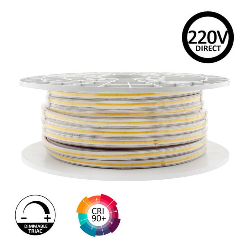 Tira LED 220V COB, 560Led/m, 16W/m, 10cm corte, 50 metros. Regulable Triac. Silicona, Blanco cálido 2700K, regulable - XauenBatt Iluminación