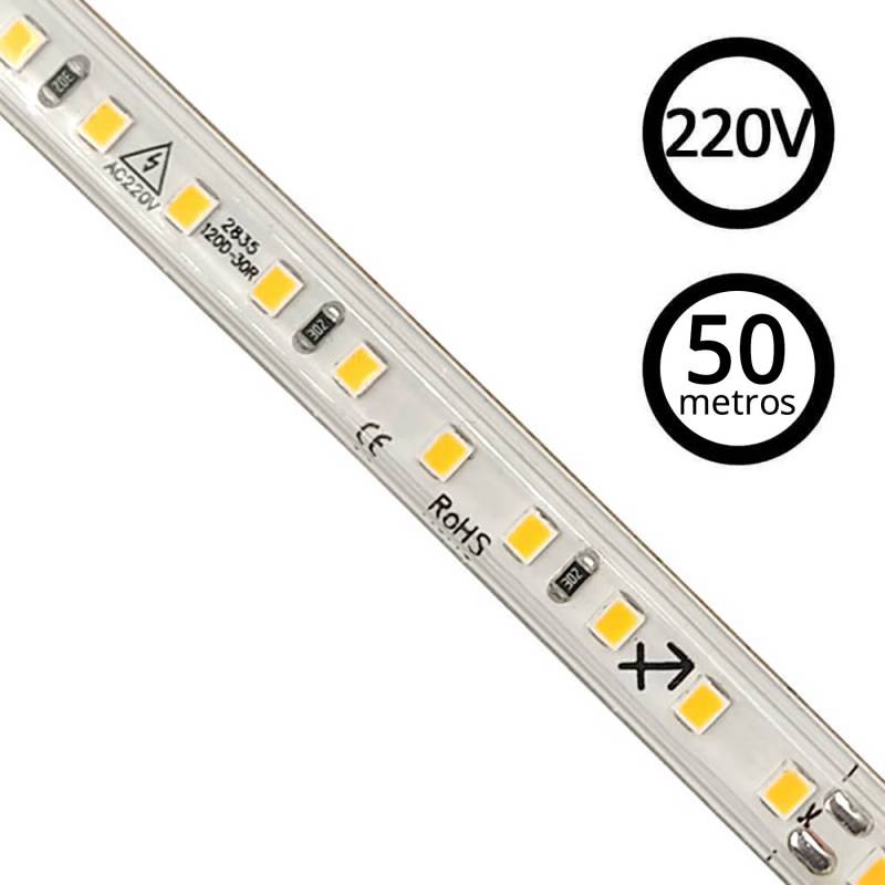 Tira LED 220V SMD2835, 120Led/m, 8W/m, Triac regulable, corte 10cm, carrete 50 metros, Blanco cálido, regulable - XauenBatt Iluminación