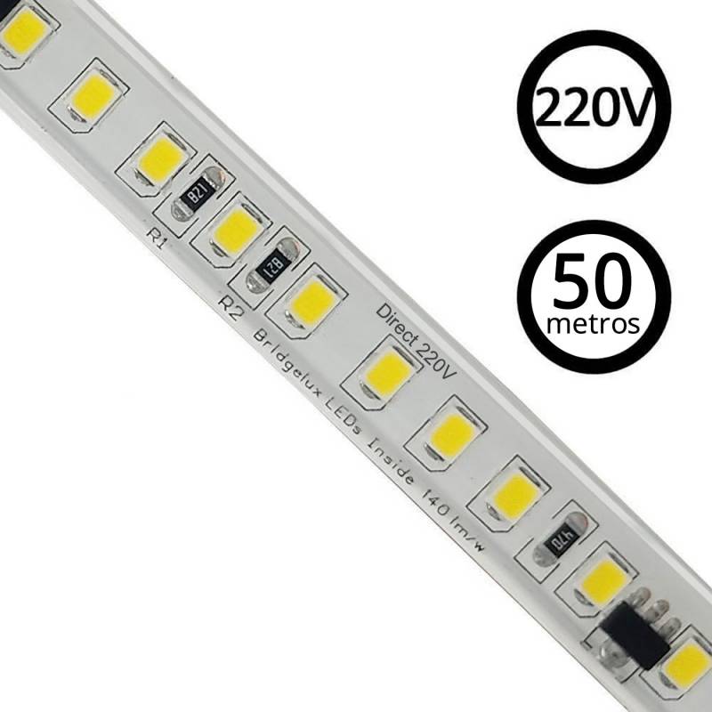 Tira LED 220V Bridgelux SMD2835, 140Led/m, 20W/m, 2800lm/m, Triac regulable, corte 10cm, carrete 50 metros. Silicona, Blanco cálido 2700K, regulable - XauenBatt Iluminación