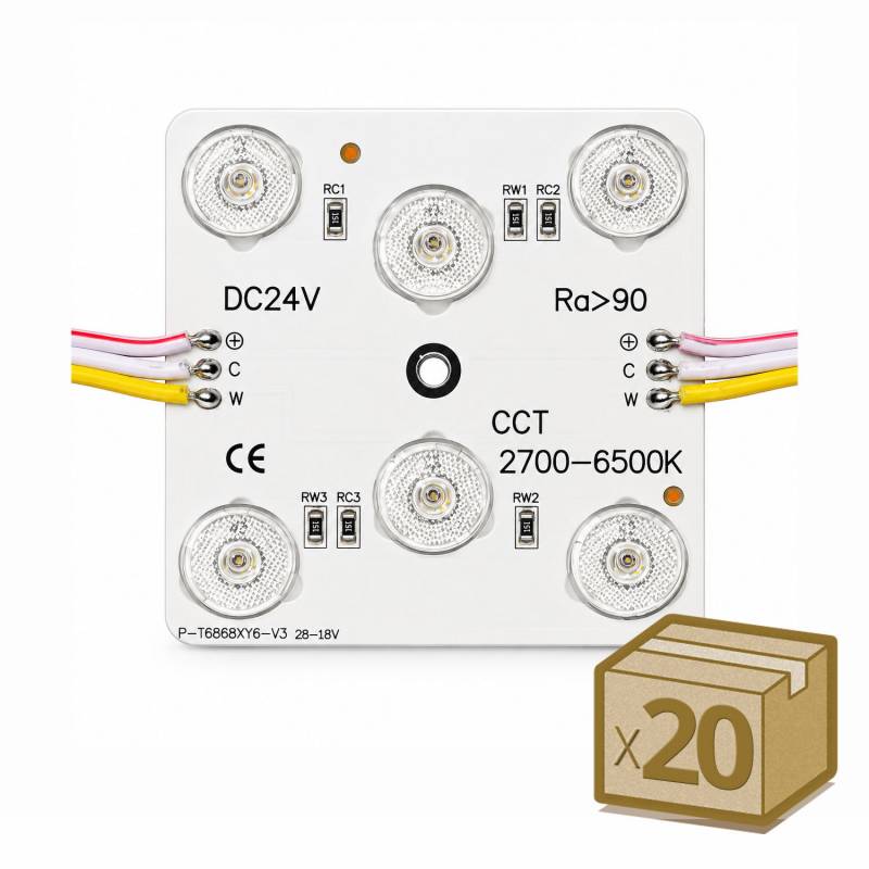 20x Módulos Led 68x68mm, lente 170°, DC24V, 5W, CCT, CRI>90, P20, 3000-4000-6000K - XauenBatt Iluminación