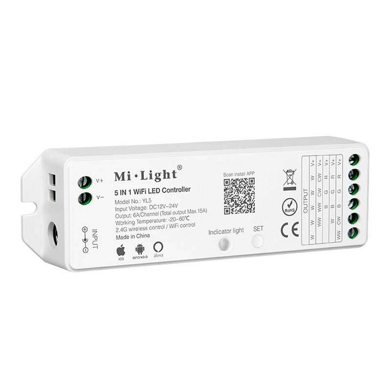 Controlador 2.4G RF, DC12-24V, 15A, WiFi APP, Alexa Voice Control, 5 en 1 - XauenBatt Iluminación