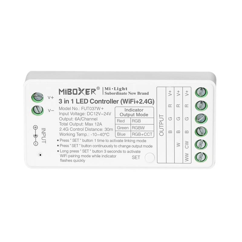 Controlador WiFi + 2.4G RF + Bluetooth, DC12-24V, 12A, 3 en 1, RGB+RGBW+RGBCCT - XauenBatt Iluminación