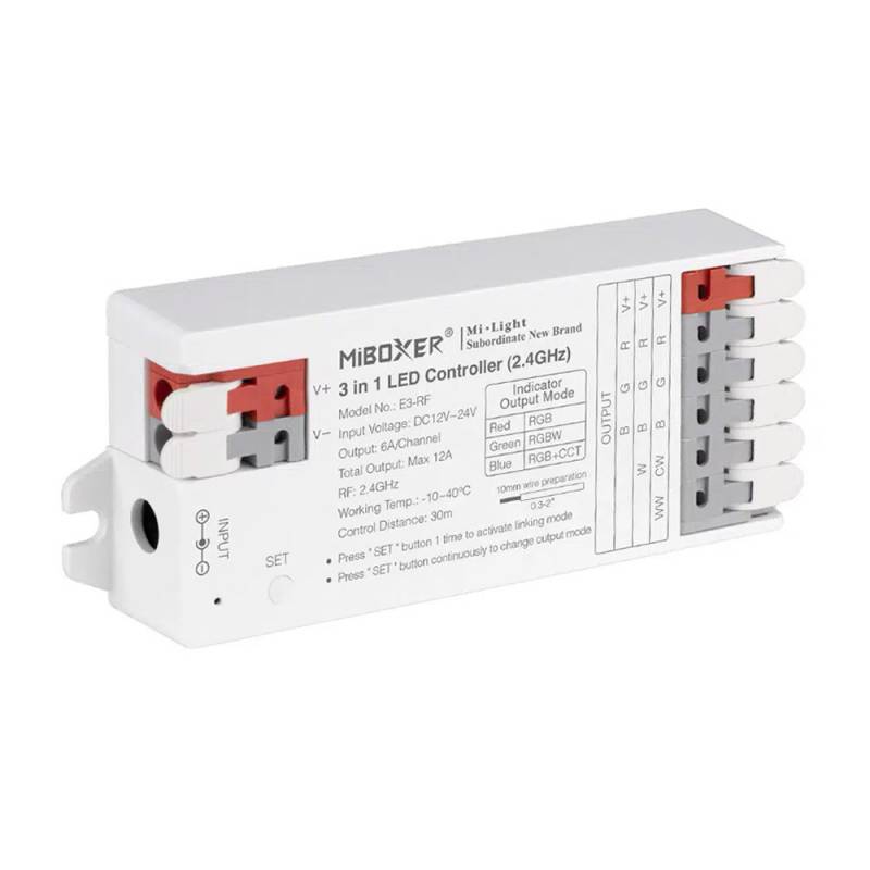 Controlador E3 - 2.4G RF, DC12-24V, 12A, 3 en 1 RGB+RGBW+RGBCCT - XauenBatt Iluminación