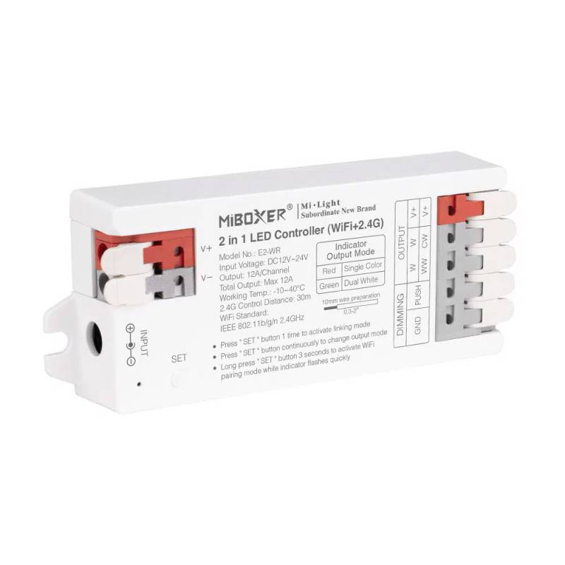 Controlador E2 - WiFi + 2.4G RF + Bluetooth, DC12-24V, 12A, 2 en 1, mono + CCT - XauenBatt Iluminación