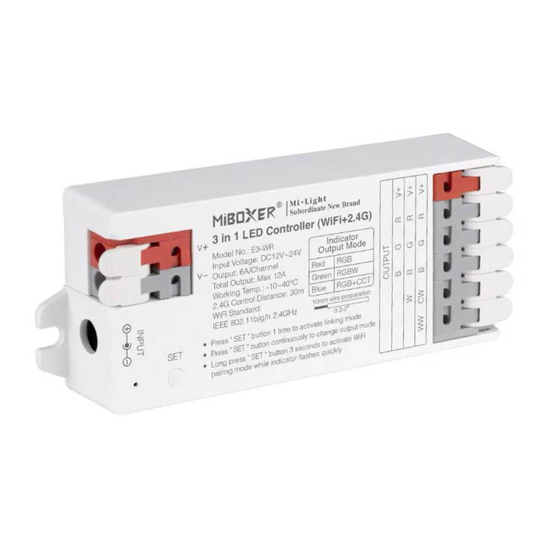 Controlador E3 - WiFi + 2.4G RF + Bluetooth, DC12-24V, 12A, 3 en 1, RGB+RGBW+RGBCCT - XauenBatt Iluminación