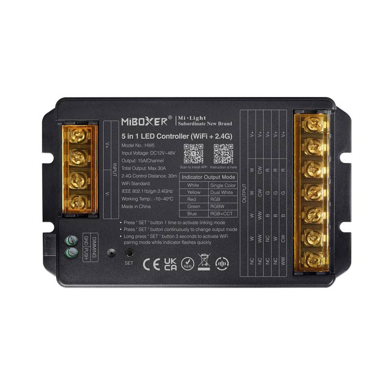 Controlador WiFi + 2.4G RF, DC12-48V, 30A, 5 en 1 (MONO, CCT, RGB, RGBW, RGB+CCT) - XauenBatt Iluminación