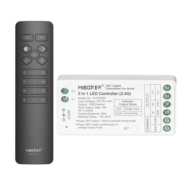 Controlador 2.4G RF, DC12-24V, 12A, 2 en 1 monocolor + CCT + mando C1 - XauenBatt Iluminación