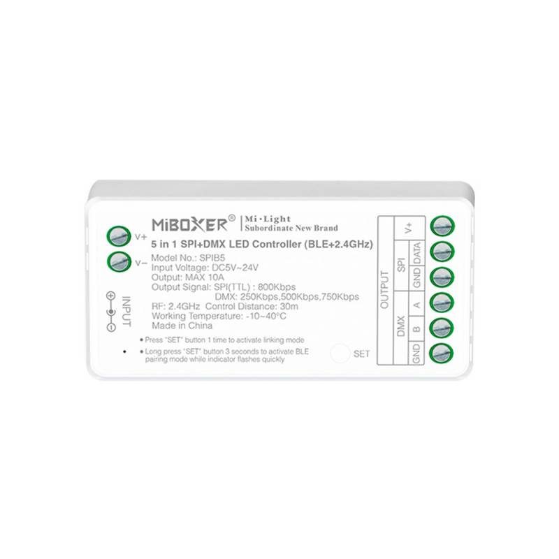 Controlador BLE+2.4G RF, DC5-24V, 10A, SPI+DMX 5 en 1 - XauenBatt Iluminación