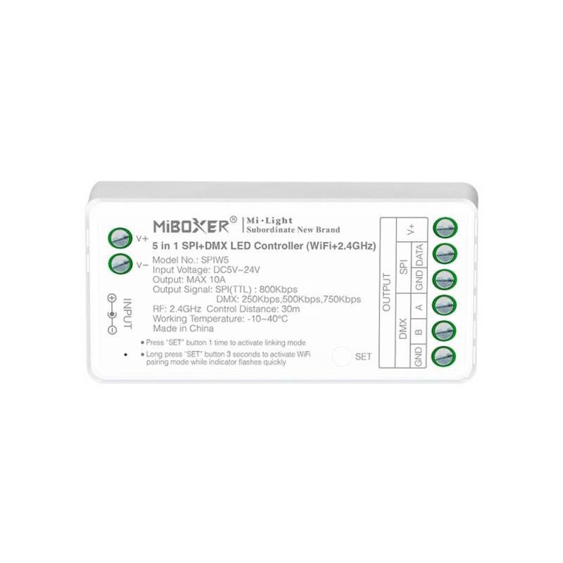 Controlador WiFi+2.4G RF, DC5-24V, 10A, SPI+DMX 5 en 1 - XauenBatt Iluminación