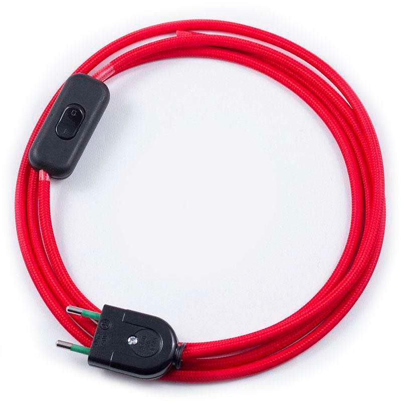 Cable textil con interruptor y enchufe, 2x0,75mm, 2m, rojo - XauenBatt Iluminación