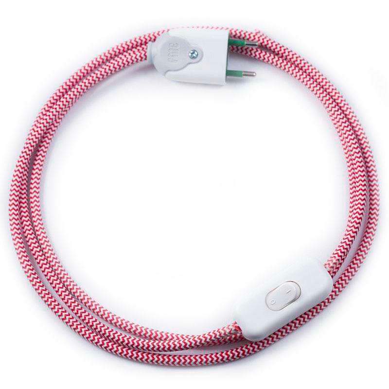 Cable textil con interruptor y enchufe, 2x0,75mm, 2m, rojo-blanco - XauenBatt Iluminación