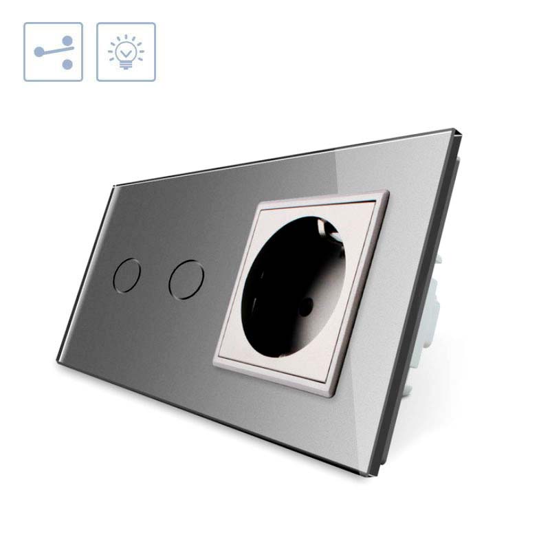 Conmutador táctil, 2 botones + 1 enchufe, frontal gris LIVOLO - XauenBatt Iluminación