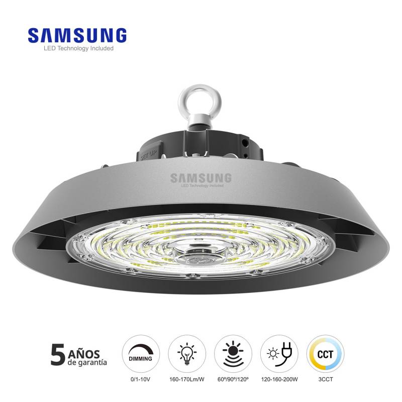 Campana Industrial UFO Slim 200W-160W-120W, Chipled SAMSUNG, 3CCT, 60º/90º/º120º ajustable, 1-10V, 3000-4000-6000K - XauenBatt Iluminación