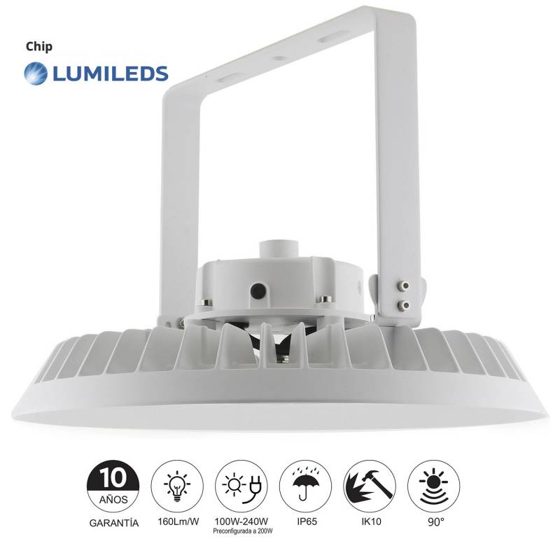 Campana-Proyector LED Industrial FLEXBAY 240W-100W ajustable, Chipled LUMILEDS, 90º, Blanco frío - XauenBatt Iluminación