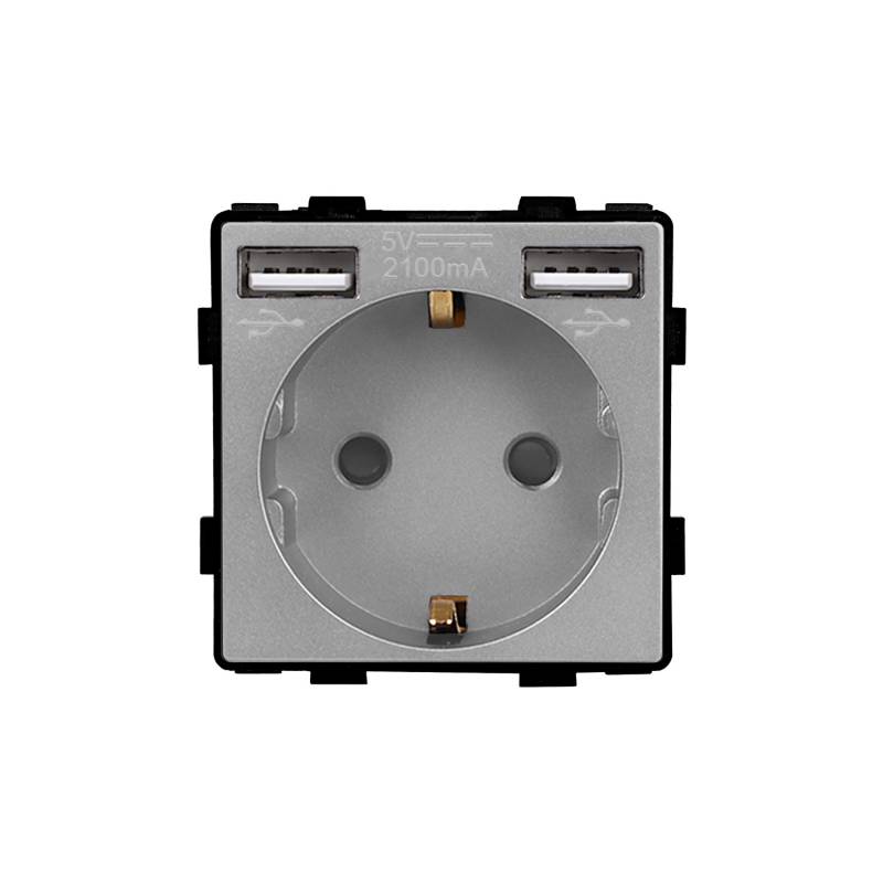 Base Enchufe EU tipo SCHUKO 16A + cargador rápido USB A+A KOOB, gris - XauenBatt Iluminación