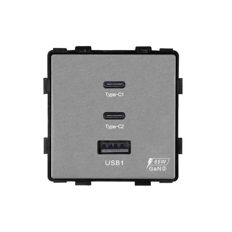 Cargador rápido inteligente 65W, USB tipo A + 2x tipo C KOOB, gris - XauenBatt Iluminación