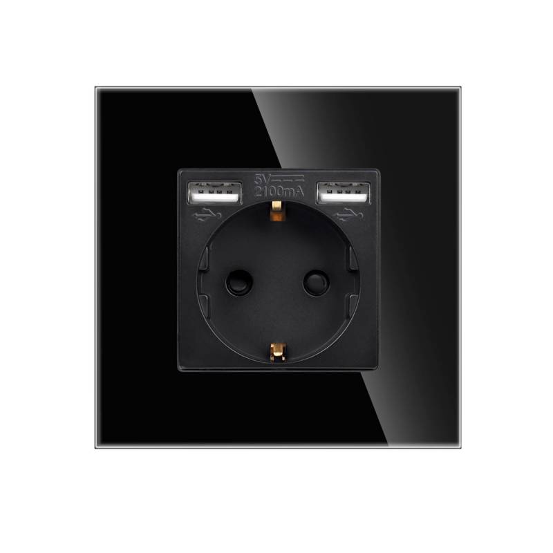 Base enchufe EU 16A + cargador rápido USB A+A, KOOB frontal cristal negro - XauenBatt Iluminación