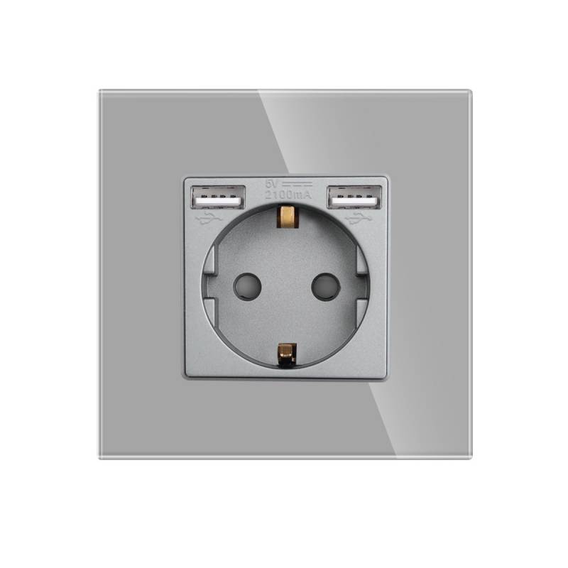 Base enchufe EU 16A + cargador rápido USB A+A, KOOB frontal cristal gris - XauenBatt Iluminación