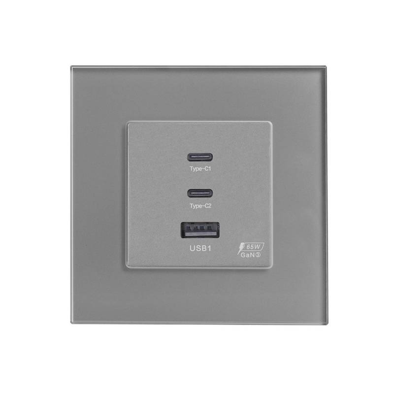 Cargador inteligente 65W, USB tipo A + 2x tipo C, KOOB frontal cristal gris - XauenBatt Iluminación
