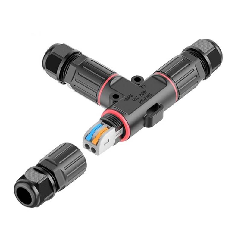 Conector T IP68, 148*90mm, Ø30mm, 2 cables 0.5-2.5mm2, 16A, conectores rápidos - XauenBatt Iluminación